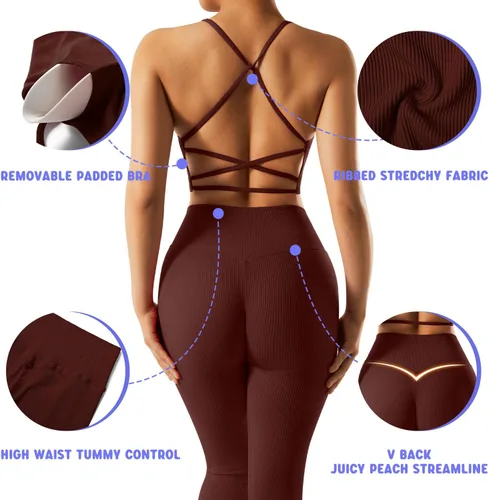 Miniatura 2 de OMKAGI Conjunto de entrenamiento acanalado para mujer, sin costuras, brasier deportivo con tiras y levantamiento de glúteos