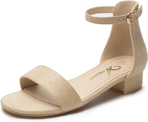 Miniatura 36 de Athlefit Sandalias para niñas, puntera abierta, correa en el tobillo, tacones bajos, zapatos de vestir para niñas pequeñas y grandes