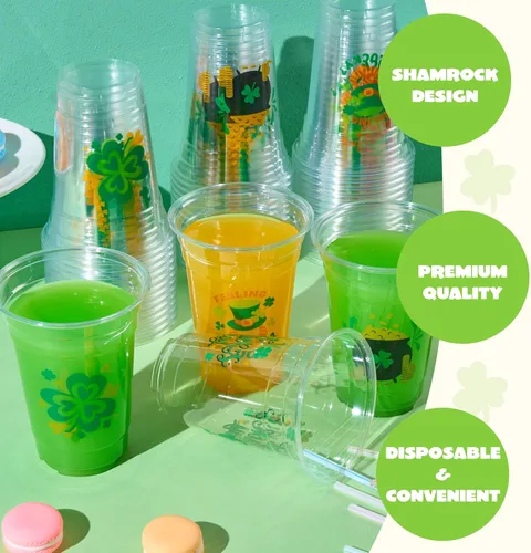 Miniatura 3 de JOYIN 72 vasos de plástico de 16 onzas para el día de San Patricio, vasos desechables verdes a granel con 4 patrones de caldero de trébol