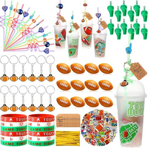 Miniatura 9 de Weysat 184 piezas de artículos para fiestas deportivas, rellenos para bolsas de regalos, taza, pajita, pelota antiestrés, llavero, calcomanía