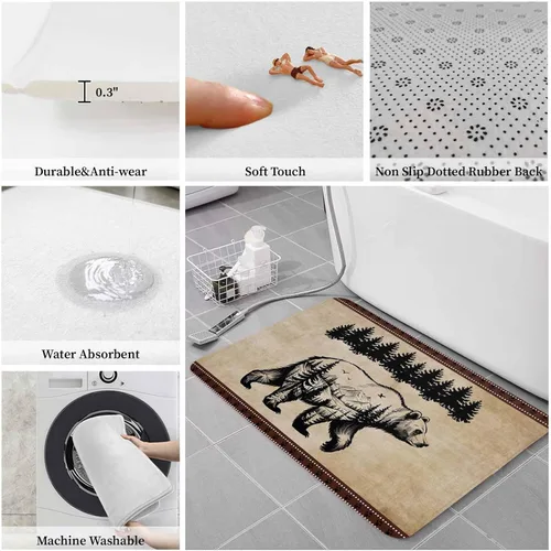 Miniatura 4 de Tapete de cocina, 1 unidad, diseño vintage de pino y oso, antifatiga, cómodo, de espuma viscoelástica, antideslizante, para puerta de baño