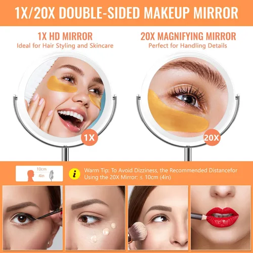 Miniatura 3 de Auxmir Espejo de aumento 1X/20X, espejo de maquillaje de doble cara con soporte, espejo de mesa de tocador con pinzas, rotación de 360° portátil