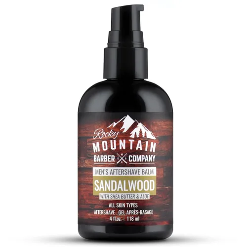 Rocky Mountain Barber Company Bálsamo para después del afeitado para hombres, con aceite esencial de sándalo, aceite de coco y manteca de karité, se