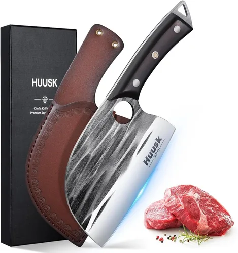 Huusk Cuchillo de chef serbio mejorado, cuchillo de carnicero forjado con funda, cuchillo de carne japonés para cortar carne, cuchillos de corte