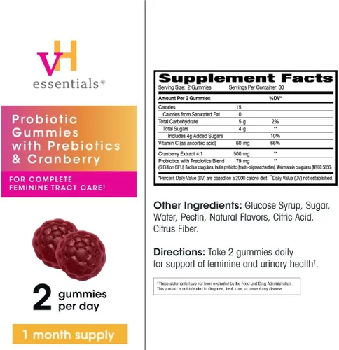 Miniatura 5 de vH Essentials Gomitas probióticas con prebióticos y arándanos, extracto concentrado para la salud del tracto urinario, apoya el equilibrio