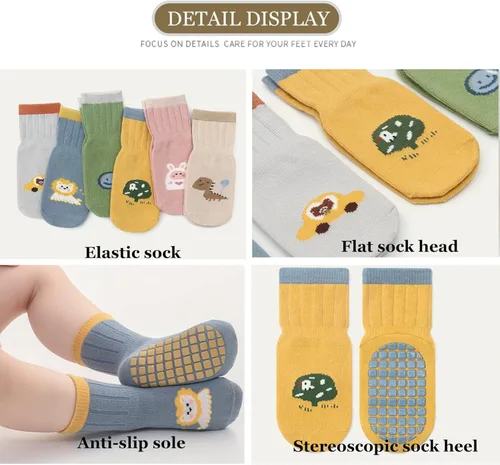 Miniatura 4 de BRATAA Toddlers No Slip Socks 5 Pairs-Cartoon Baby Little Boys Girls Socks with Grips Crew Length Slipper Socks