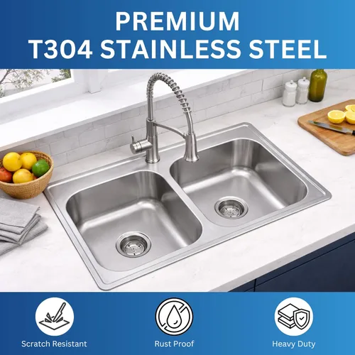 Miniatura 4 de Zuhnë Fortuna 33 - Fregadero de cocina con caída en el fregadero, cuenco doble de 33 x 19 x 8 pulgadas, acero inoxidable T304 18/10, acabado