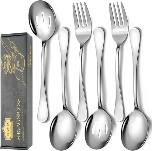 Miniatura 8 de Juego de 4 cucharas de servicio de acero inoxidable, 10 pulgadas, incluye 2 grandes, 2 ranuradas, para fiestas, cocina, bufé, catering, apto