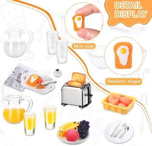 Miniatura 4 de 44 Piezas 1:12 Accesorios de Cocina en Miniatura para Casa de Muñecas, Desayuno, Mini Máquina de Tostar, Jugo, Leche, Huevos, Tazas, Frutas, Platos