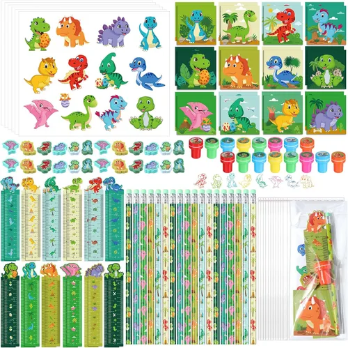 PerKoop 168 piezas de recuerdos de fiesta de dinosaurio, suministros de fiesta de cumpleaños de dinosaurios, bolsas de regalo para niños y niñas,