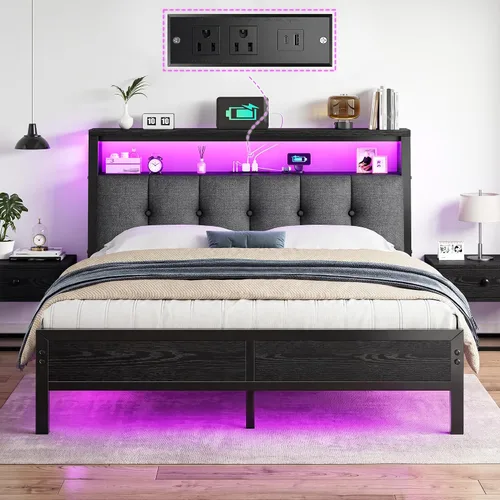 Miniatura 12 de Homkdom Base de cama de tamaño matrimonial con estación de carga, marco de cama tamaño matrimonial con luces LED con cabecera de almacenamiento Negro