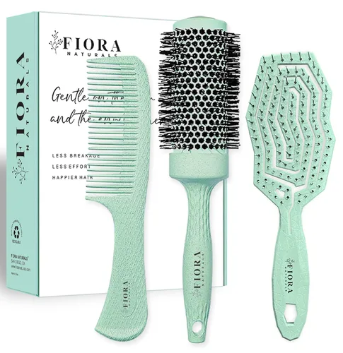 Miniatura 14 de Fiora Naturals Juego de cepillo desenredante bio-amigable, cepillo redondo y peine para mujeres - Todos los tipos de cabello: natural, fino y rizado