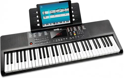 RockJam - Teclado compacto de 61 teclas con soporte para partituras, fuente de alimentación, calcomanías para notas de piano y lecciones de Simply