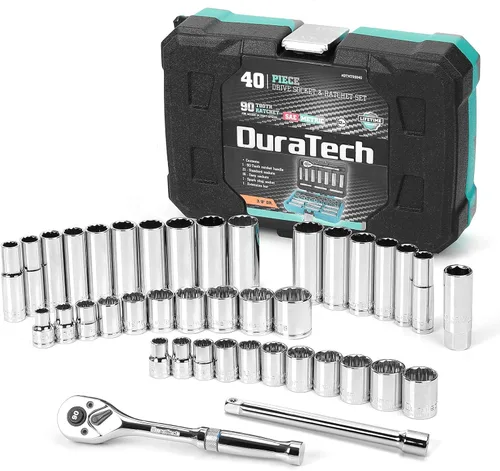 DURATECH Juego de llaves de vaso de 3/8", juego de 40 herramientas que incluye enchufes estándar (SAE) y métricos, mango de trinquete de 90 dientes