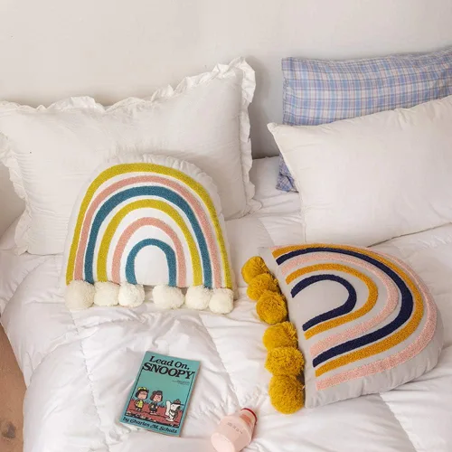 Miniatura 2 de vctops Cojín decorativo de algodón con borlas y estilo bohemio arco iris con relleno de almohada para sofá, cama, sala de estar