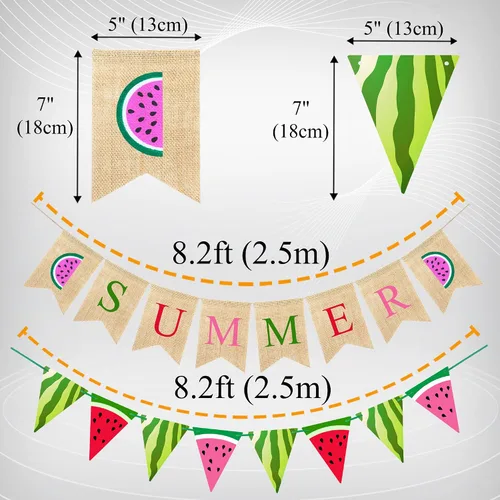 Miniatura 3 de Uniwish Cartel de arpillera de verano con temática de sandía, suministros de fiesta, decoraciones de verano, guirnalda de sandía banderines
