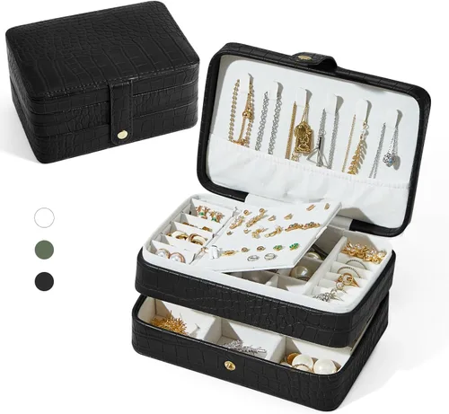 Estuche de joyería de viaje, caja organizadora de joyas portátil con 3 capas de almacenamiento de piel sintética para aretes, collares, anillos,