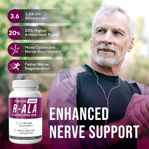 Miniatura 3 de NERVE RENEW R-ALA estabilizado R ácido alfa lipoico 600 mg suplemento de apoyo nervioso paquete de 3