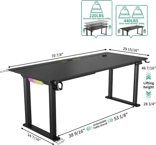 Miniatura 2 de JWX - Escritorio de pie de 4 patas con motor doble, diseño de gestión de cables abatible con luz LED acrílica