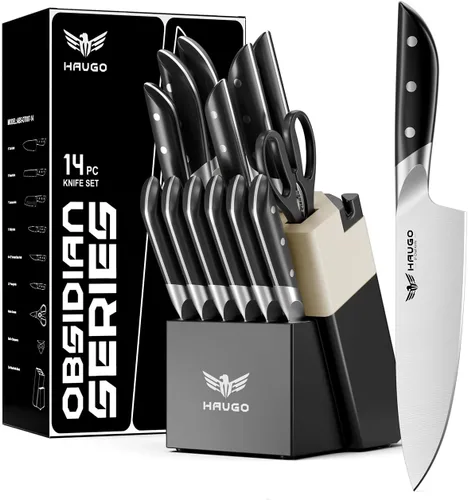 Juego de cuchillos de cocina Haugo con bloque: juego de 14 piezas de cuchillos profesionales de acero inoxidable alemán de tajo completo - Gris negro