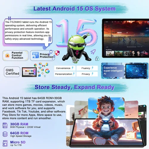 Miniatura 2 de Tableta 2025 con Android 15 de 10 pulgadas con teclado de 30 GB de RAM 64 GB ROM, tableta 2 en 1 Octa-Core con Gemini AI, WiFi 5G, 6000 mAh, Negro