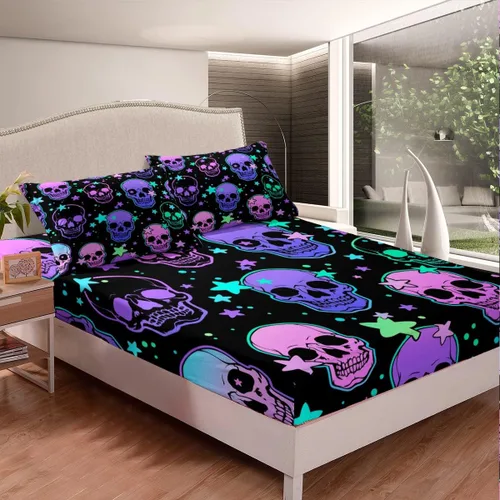 Miniatura 3 de Erosebridal Sábanas de calavera de azúcar, sábana bajera ajustable de Halloween, tamaño individual, ropa de cama de galaxia trippy morada, funda