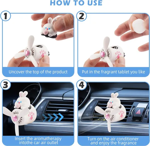 Miniatura 5 de Ambientador de aire para coche, lindo conejo de dibujos animados, piloto, difusor de coche, hélice giratoria, ventilador de salida de aire White