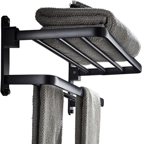 BOZWELL Toallero de baño con dos barras para toallas, porta toallas de 16 pulgadas (40 cm) con estante BZ305-A (Negro mate)