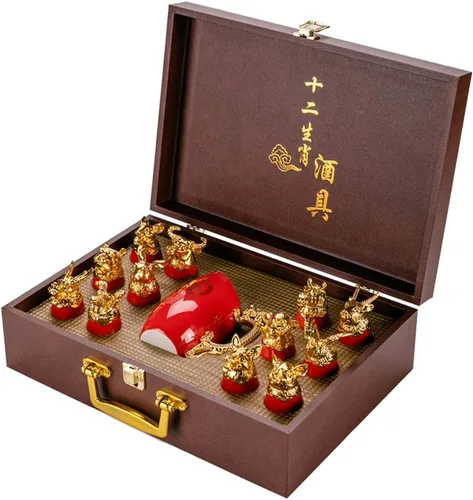 Miniatura 6 de Doce signos del zodíaco chino, 13 piezas, juegos de bar, licor de vino, porcelana, 1 pote y 12 tazas, juego de obras de arte hechas a mano, Rojo