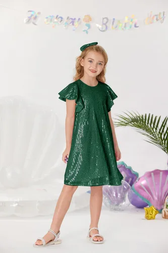 Miniatura 2 de GRACE KARIN Vestido de lentejuelas para niñas, manga corta, con vuelo, silueta acampanada, vestido midi con lazo para el pelo, 5-12 años