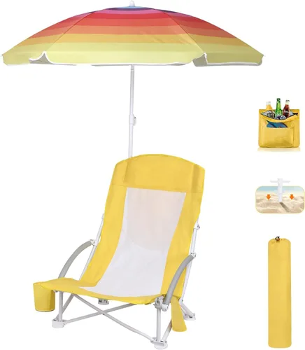 Silla de playa con paraguas, silla compacta plegable de respaldo alto para adultos con bolsa refrigeradora, bolsa de transporte, sombra enorme,