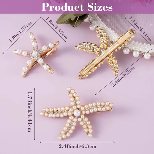 Miniatura 2 de PAGOW 3 pinzas para el cabello con estrellas de mar, pinzas de cristal con perlas de diamantes de imitación doradas, soporte para cola de caballo
