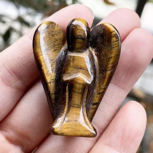 Miniatura 2 de Fekuar Piedra natural de ojo de tigre curativo, cristal curativo, estatua de ángel de la guarda, escultura de bolsillo de piedra de palmera