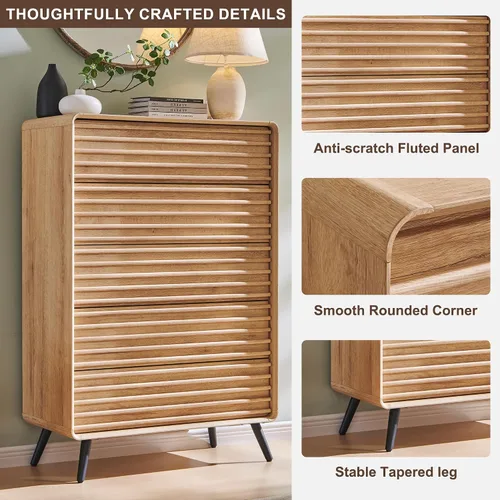 Miniatura 3 de RedLemon 48'' Tall 5 Drawers Dresser for Bedroom, Mid Century Modern Wood Fluted Dresser, Chest of Drawers with Smooth Rounded Corner & Tapered Leg