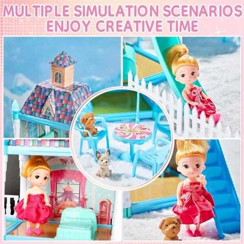 Miniatura 4 de Seifar Juego de casa de muñecas para niños y niñas, 4 pisos, 13 habitaciones, 2 muñecas y 2 cachorros, muebles y accesorios para niñas de 5, 6, 7, 8