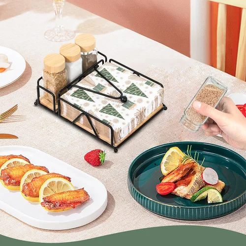 Miniatura 6 de Juego de 4 servilletas de metal con salero y pimentero, base de madera, moderno servilletero plano para mesa, decoración de mesa de cocina, cóctel