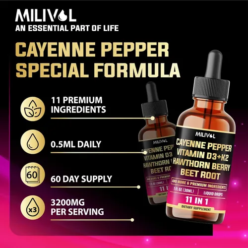 Miniatura 6 de Gotas líquidas de pimienta de cayena 11 en 1 con bayas de espino, vitamina D3, K2, berberina, melón amargo, cúrcuma y más - para apoyo cardíaco e