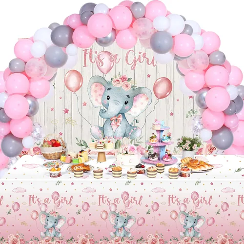 Miniatura 8 de Decoraciones para baby shower, 121 piezas de suministros de fiesta de elefantes, incluyen telón de fondo, pancarta, globos, mantel y decoración