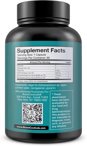 Miniatura 8 de BoostCeuticals Suplemento vegano Omega 3 DHA + EPA de 260 mg – Aceite de algas en cápsulas blandas dosis de mantenimiento para el bienestar