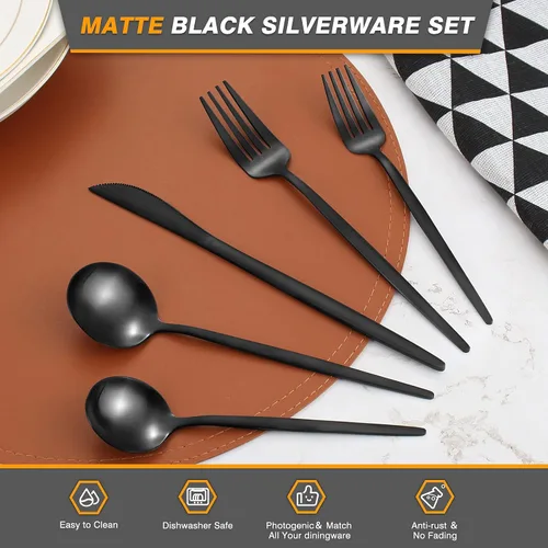 Miniatura 3 de Juego de cubiertos de 40 piezas, color negro mate, juego de cubiertos de acero inoxidable para 8 personas, juego de utensilios de cocina con acabado