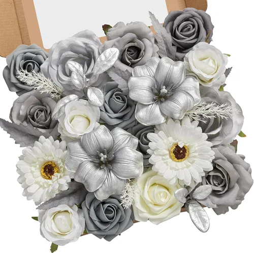 Miniatura 20 de Serwalin 2 Piezas Flores Artificiales Blancas Rosas Falsas Flores de Espuma de Seda Juego de Caja para Manualidades DIY Ramos de Pastel de Boda Un