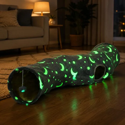 Túnel Tubo para Gatos con Juguetes de Pelotas de Felpa Plegable Auto-Luminoso Fotoluminiscencia, para Mascotas Pequeñas Conejitos Conejos, Gatitos,