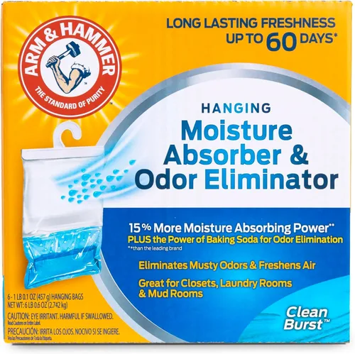 Arm & Hammer Absorbedor de humedad colgante y eliminador de olores, 16.1 onzas, paquete de 6, explosión limpia, absorbentes de humedad para armario