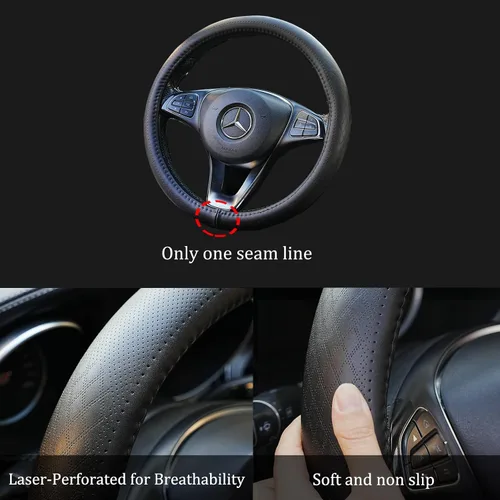 Miniatura 3 de Funda negra de cuero genuino para volante de automóvil para hombres y mujeres, funda de volante de piel de vaca, suave, transpirable