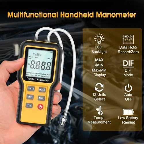 Miniatura 3 de Medidor de presión de gas de manómetro digital con resolución FSO de ± 0.3%, manómetro diferencial con 12 unidades opcionales, manómetro de presión