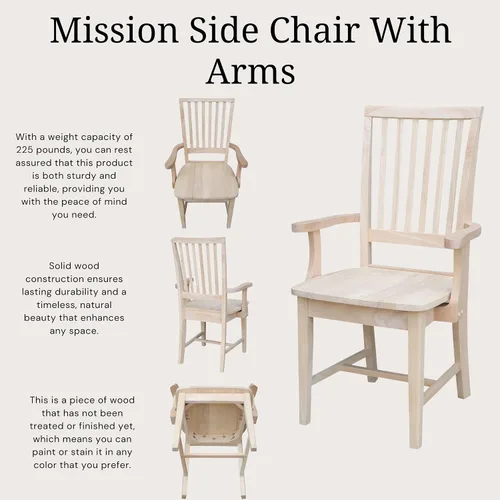 Miniatura 6 de International Concepts Mission - Silla auxiliar con brazos, madera de parawood maciza, sin terminar