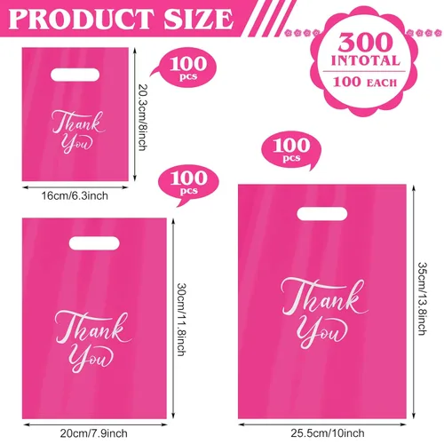 Miniatura 2 de MJOGGOTT 300 bolsas de agradecimiento a granel, 3 tamaños de bolsas de compras para pequeñas empresas con asas, bolsas de regalo de plástico a