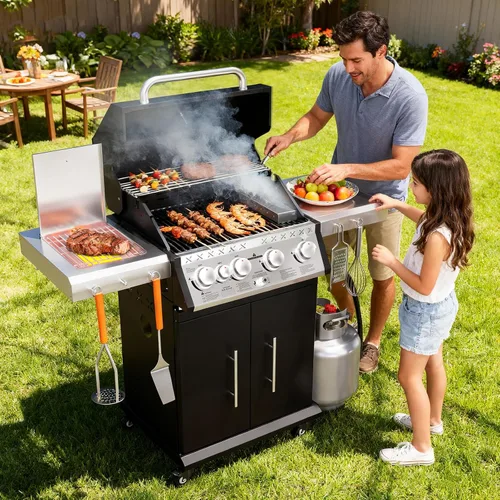Miniatura 3 de SKOK Parrilla de gas propano de 4 quemadores con quemadores laterales y traseros infrarrojos, parrilla de barbacoa al aire libre con rejillas