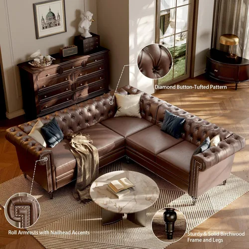 Miniatura 6 de Sofá modular Chesterfield de 85 pulgadas, sofá convertible de piel sintética en forma de L con cabeza de clavo copetuda y brazos enrollados, sofás