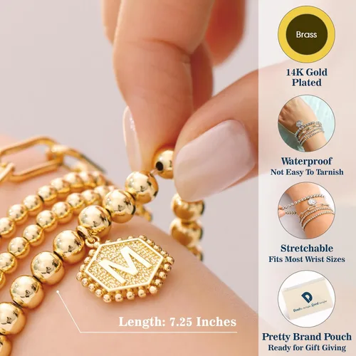 Miniatura 5 de doubgood - Pulseras de cuentas doradas para mujer, apilables, elásticas, chapadas en oro auténtico de 14 quilates, con dije de letras